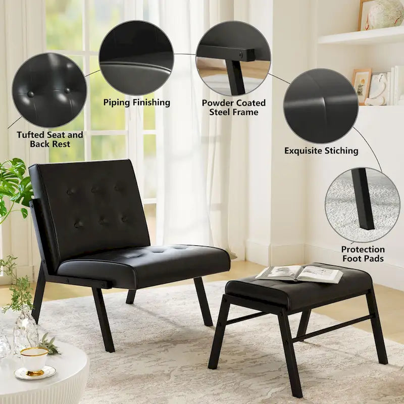 Mieres Mid-Century Style Faux Leather Upholstered Accent Chair with Ottoman, 23.6 Wide Tufted Armless Chair for Living Room