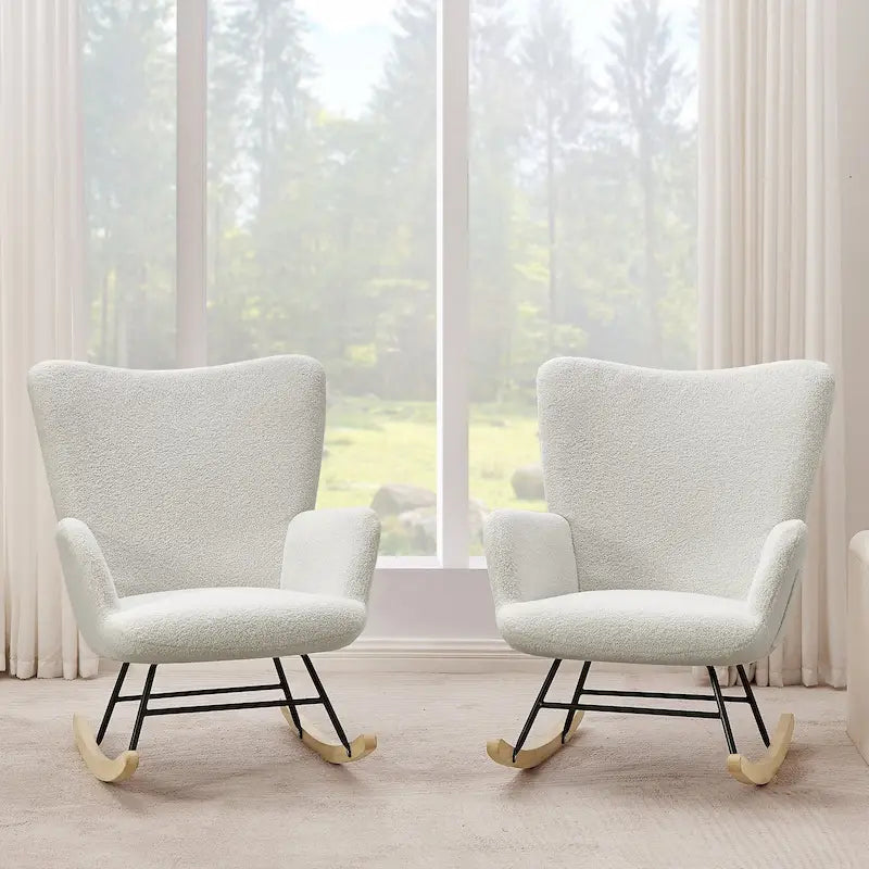 Javlergo 2 Piece Upholstered Teddy Rocking Chair with Storage Pockets Modern Rocking Accent Chairs Comfy Side Chair
