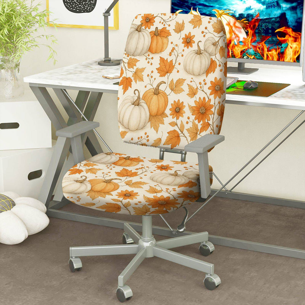 2-Piece Autumn Pumpkin Leaves Floral Thanksgiving  Computer Chair Cover Set, Seat and Backrest