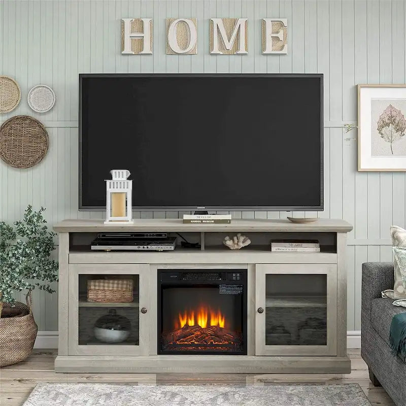 60W Retro Electric Fireplace TV Stand, Adjustable Shelves&Cabinets - 60W*15.75D*29H