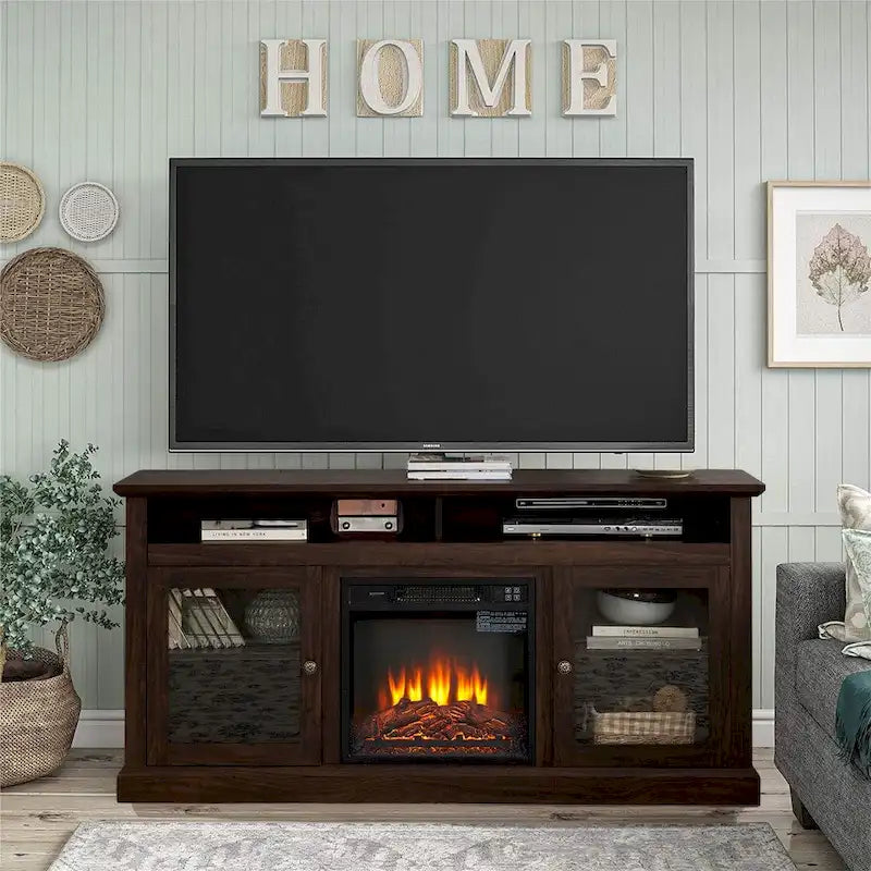 60W Retro Electric Fireplace TV Stand, Adjustable Shelves&Cabinets - 60W*15.75D*29H