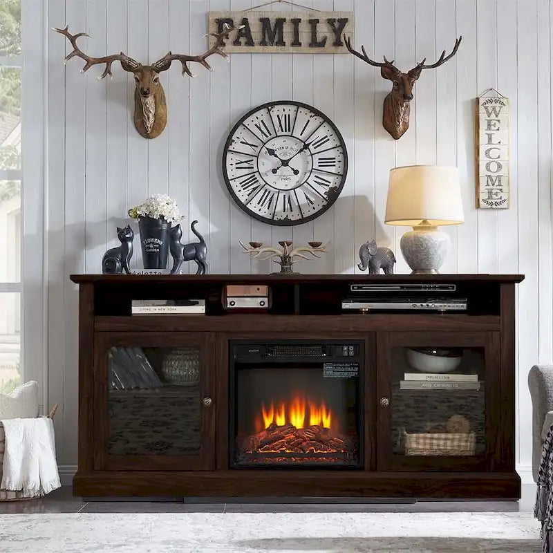 60W Retro Electric Fireplace TV Stand, Adjustable Shelves&Cabinets - 60W*15.75D*29H