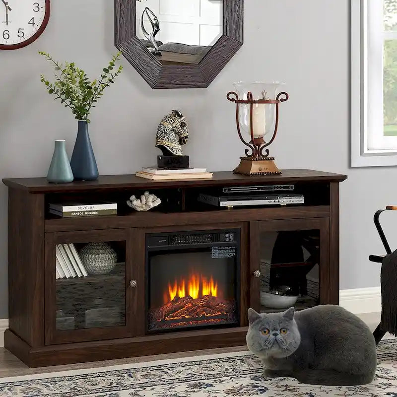 60W Retro Electric Fireplace TV Stand, Adjustable Shelves&Cabinets - 60W*15.75D*29H