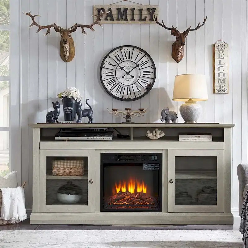 60W Retro Electric Fireplace TV Stand, Adjustable Shelves&Cabinets - 60W*15.75D*29H