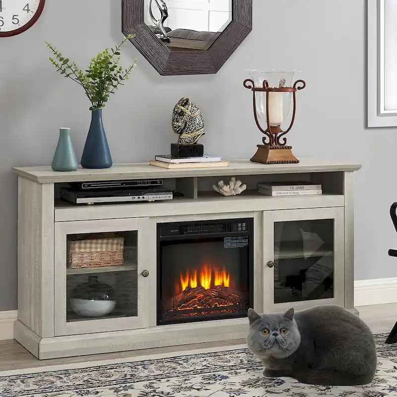 60W Retro Electric Fireplace TV Stand, Adjustable Shelves&Cabinets - 60W*15.75D*29H