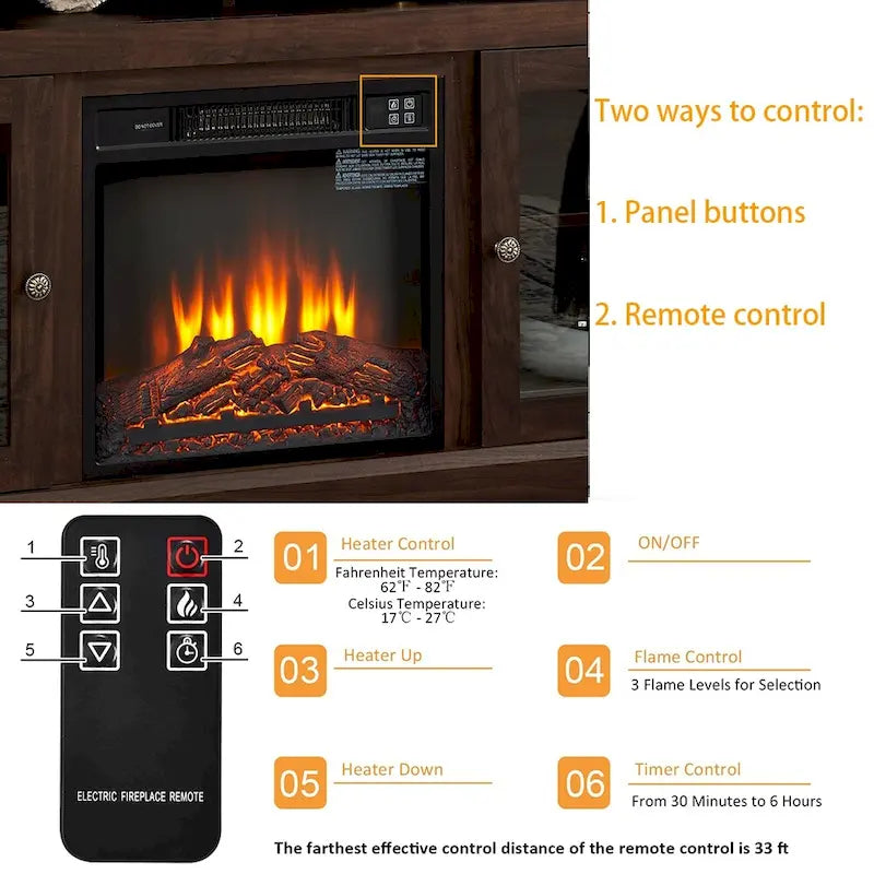 60W Retro Electric Fireplace TV Stand, Adjustable Shelves&Cabinets - 60W*15.75D*29H