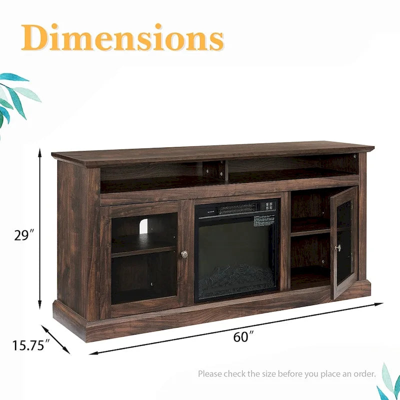 60W Retro Electric Fireplace TV Stand, Adjustable Shelves&Cabinets - 60W*15.75D*29H