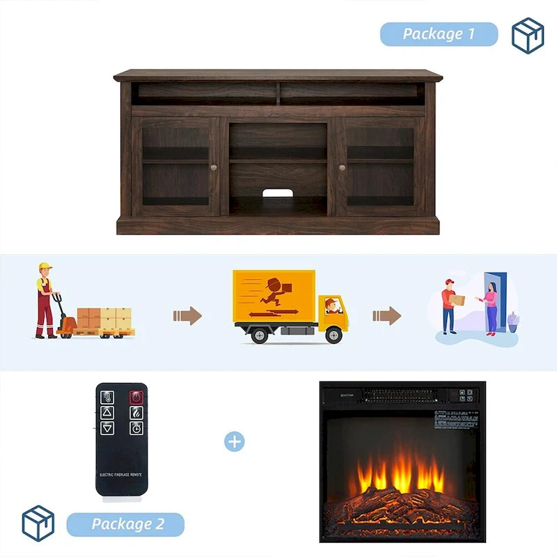 60W Retro Electric Fireplace TV Stand, Adjustable Shelves&Cabinets - 60W*15.75D*29H