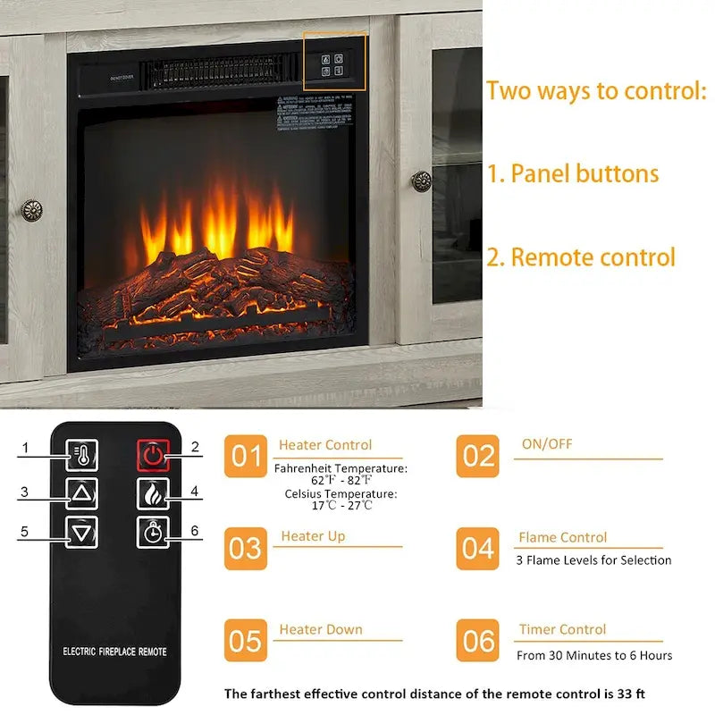 60W Retro Electric Fireplace TV Stand, Adjustable Shelves&Cabinets - 60W*15.75D*29H