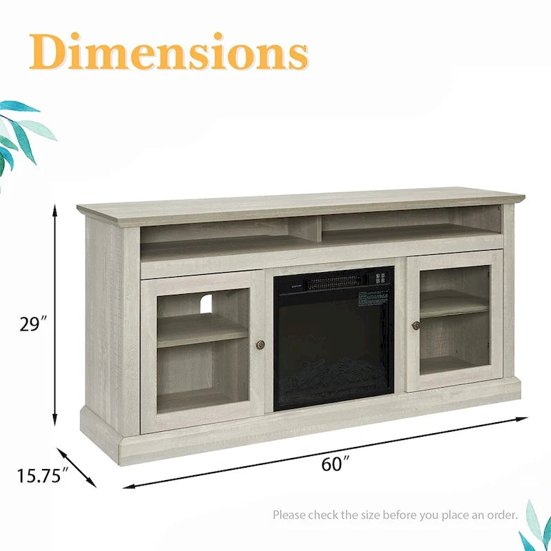 60W Retro Electric Fireplace TV Stand, Adjustable Shelves&Cabinets - 60W*15.75D*29H