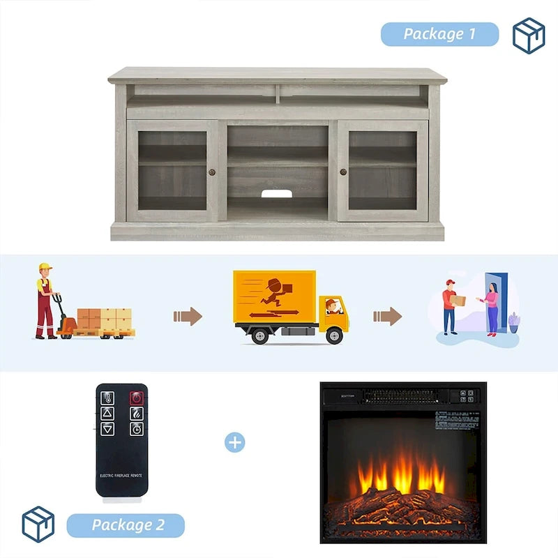 60W Retro Electric Fireplace TV Stand, Adjustable Shelves&Cabinets - 60W*15.75D*29H