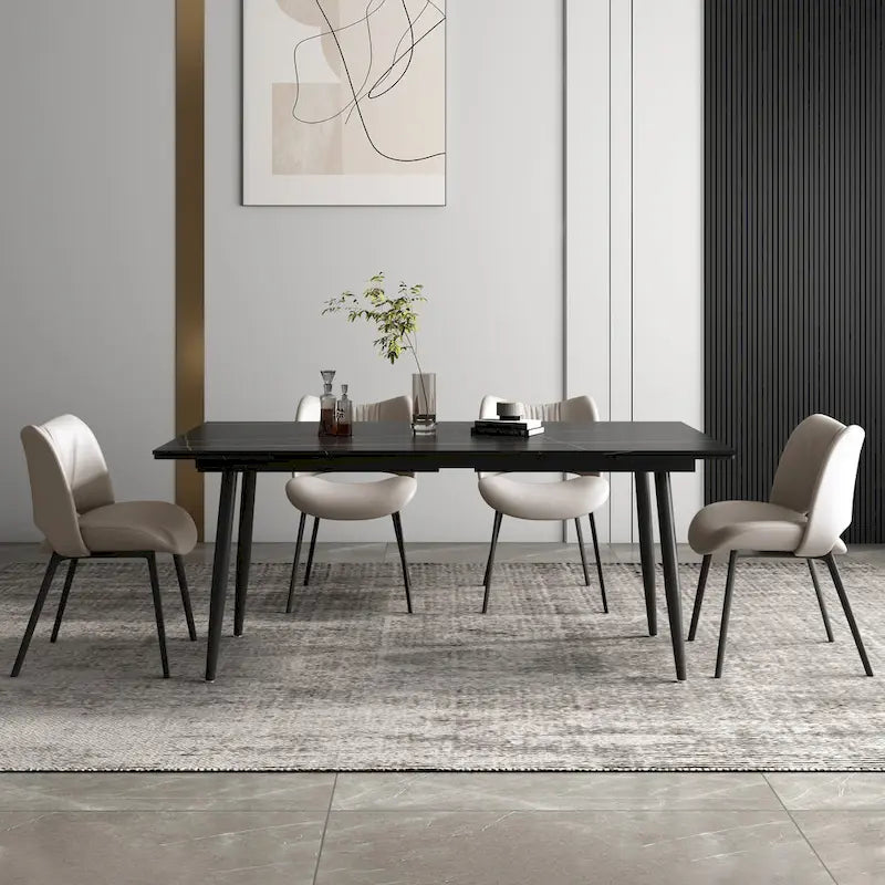 5 Piece 62.9 inch to 94.4 inch Extendable Dining Table Set with Sintered Stone Top 4 Chairs