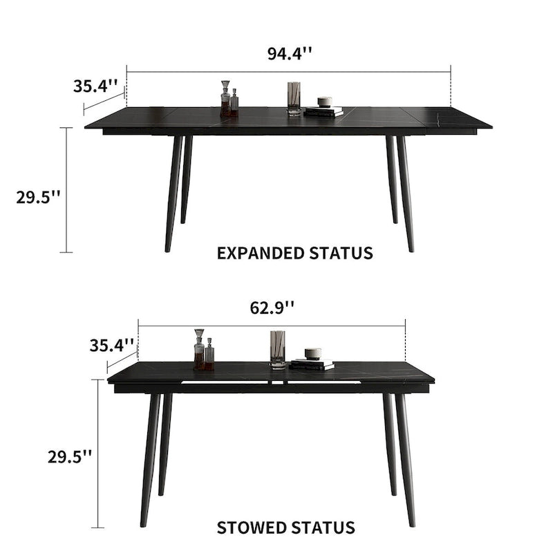 5 Piece 62.9 inch to 94.4 inch Extendable Dining Table Set with Sintered Stone Top 4 Chairs