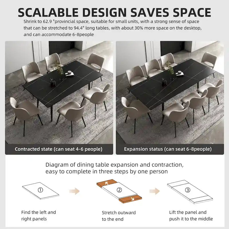5 Piece 62.9 inch to 94.4 inch Extendable Dining Table Set with Sintered Stone Top 4 Chairs