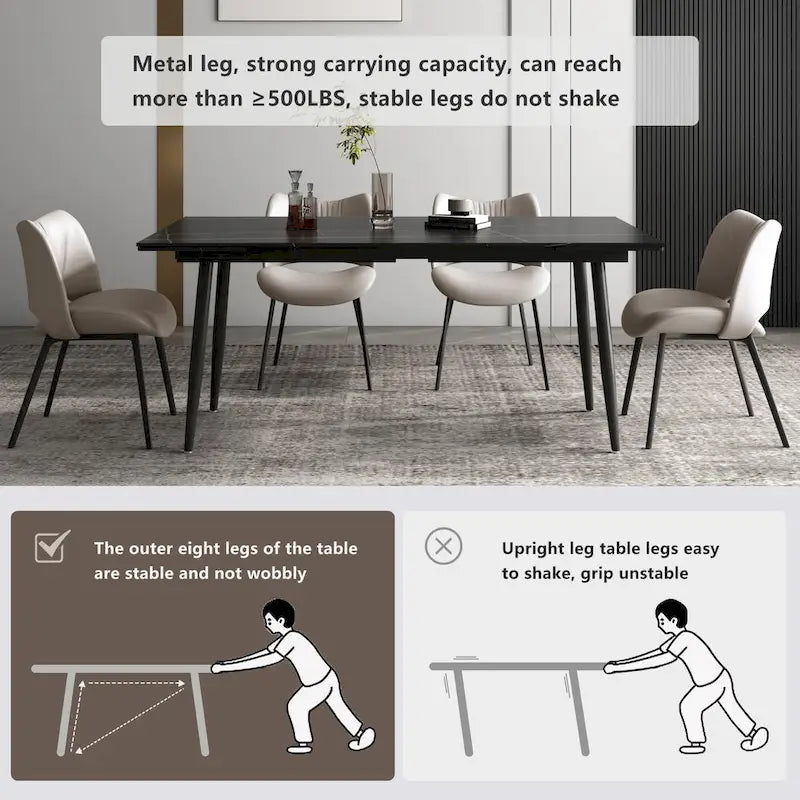 5 Piece 62.9 inch to 94.4 inch Extendable Dining Table Set with Sintered Stone Top 4 Chairs