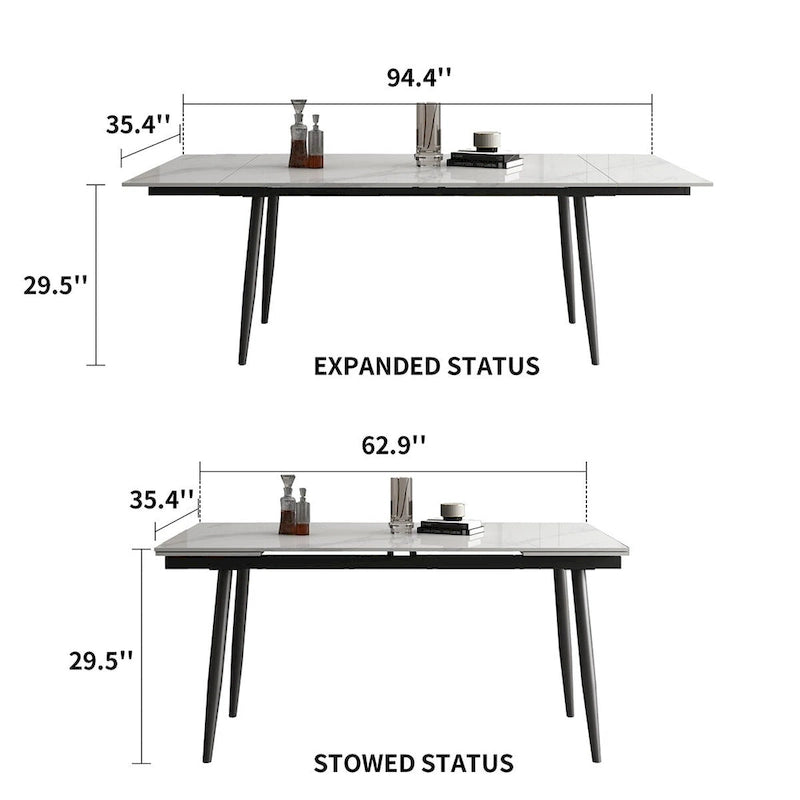 5 Piece 62.9 inch to 94.4 inch Extendable Dining Table Set with Sintered Stone Top 4 Chairs