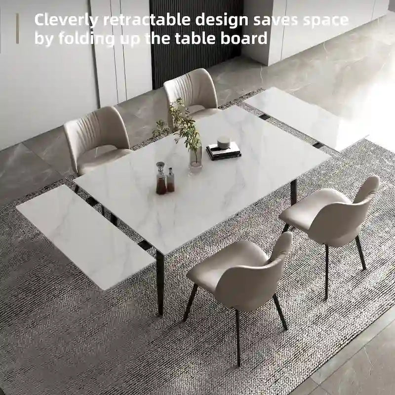 5 Piece 62.9 inch to 94.4 inch Extendable Dining Table Set with Sintered Stone Top 4 Chairs