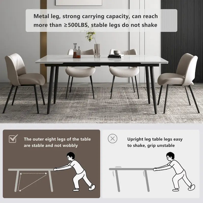 5 Piece 62.9 inch to 94.4 inch Extendable Dining Table Set with Sintered Stone Top 4 Chairs