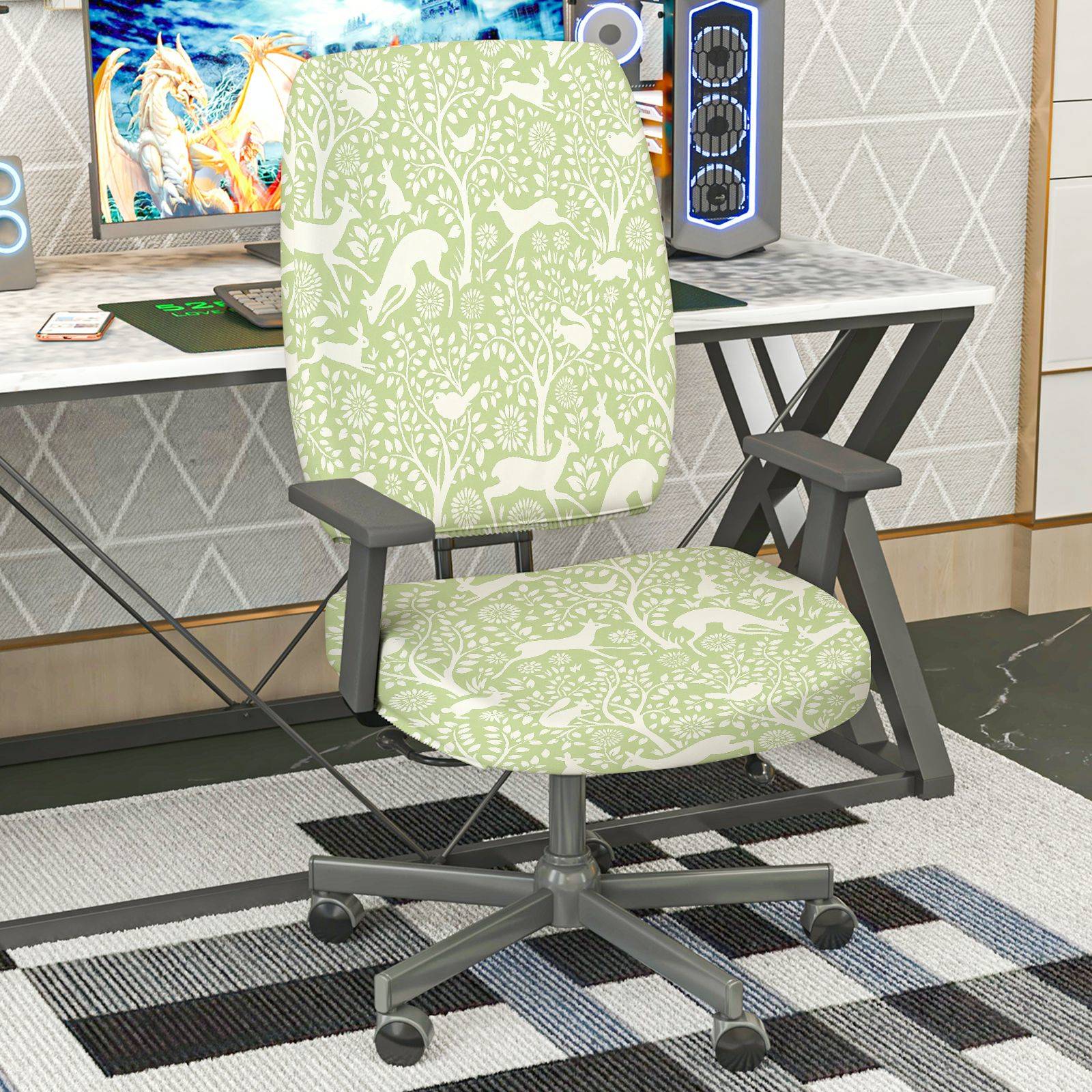 2-Piece Green Nature Animal Floral Pattern  Computer Chair Cover Set, Seat and Backrest