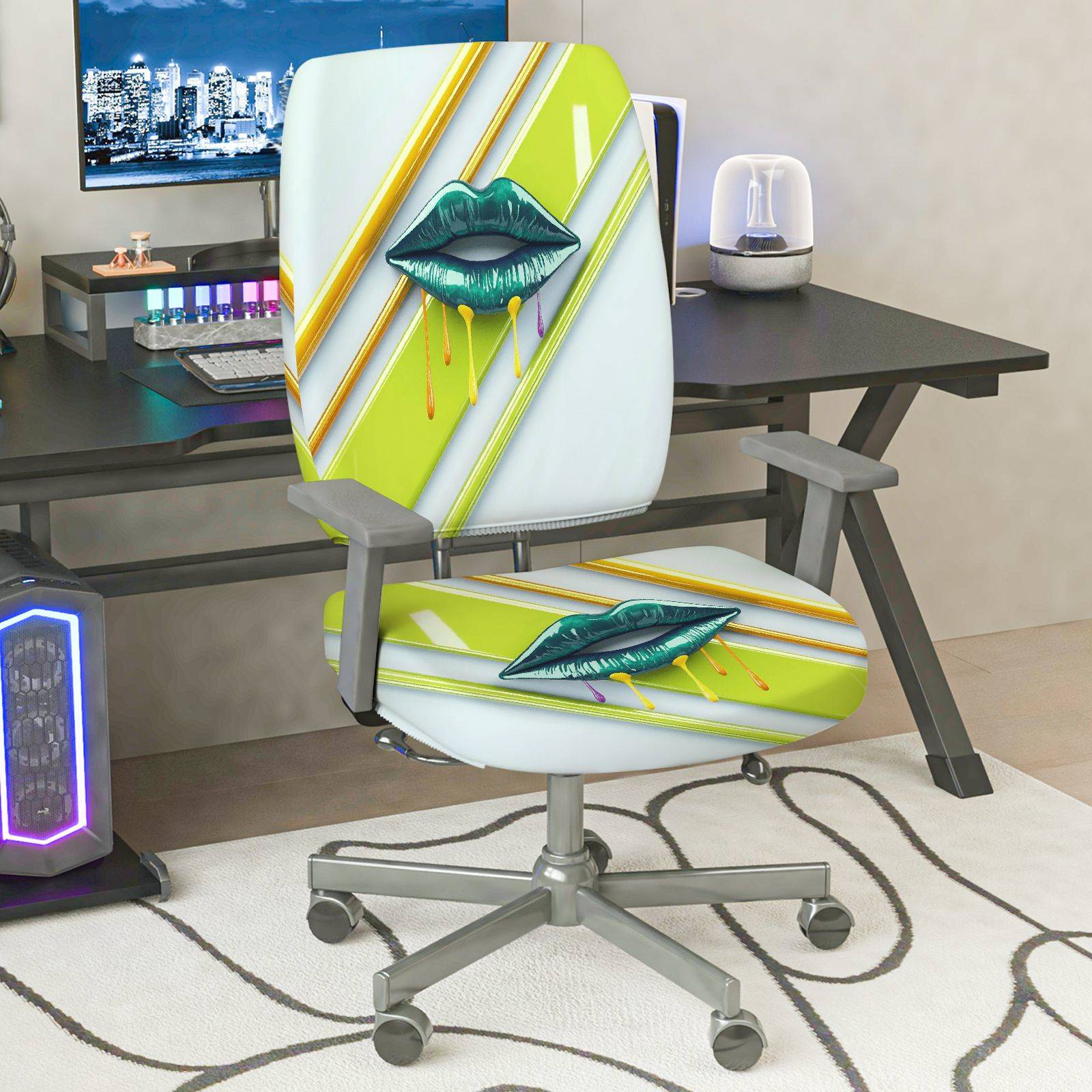 2-Piece Artistic Colorful Lips Stripes Green Yellow Print  Computer Chair Cover Set, Seat and Backrest