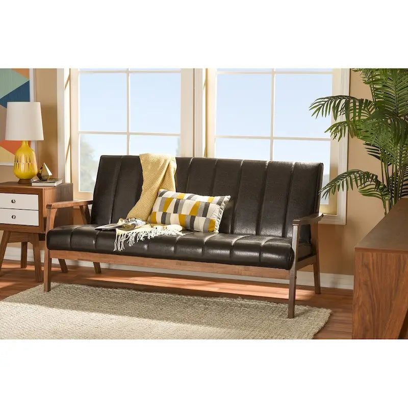 Baxton Studio Nikko Mid-century Modern Scandinavian Style Dark Brown Faux Leather Wooden 3-Seater Sofa