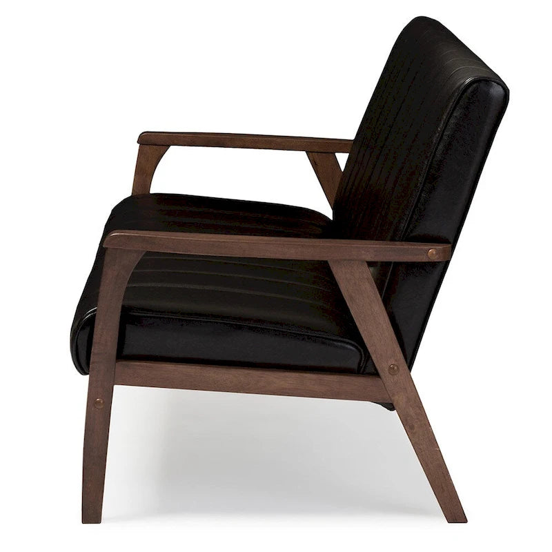 Baxton Studio Nikko Mid-century Modern Scandinavian Style Dark Brown Faux Leather Wooden 3-Seater Sofa