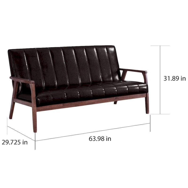Baxton Studio Nikko Mid-century Modern Scandinavian Style Dark Brown Faux Leather Wooden 3-Seater Sofa