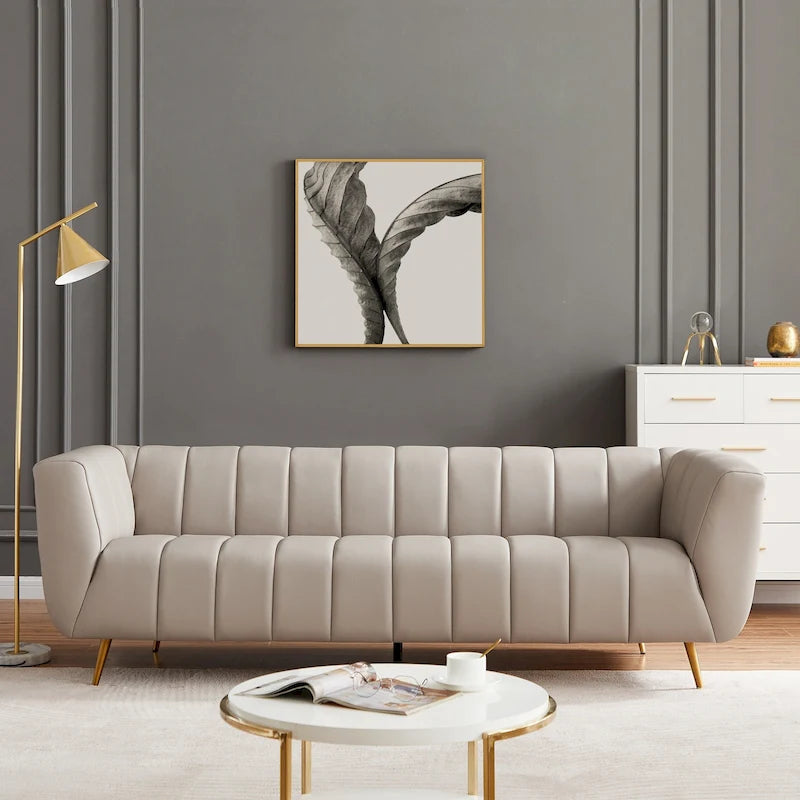 Clovis Mid Century Modern Furniture Style Full Grain Italian Leather Couch in Light Grey