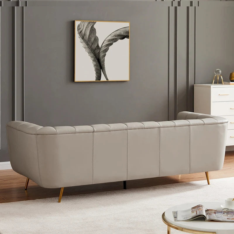 Clovis Mid Century Modern Furniture Style Full Grain Italian Leather Couch in Light Grey
