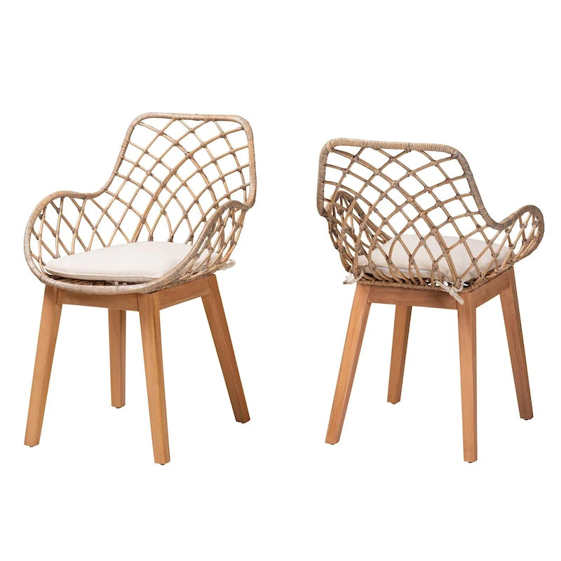 Ballerina Modern Bohemian Greywashed Rattan and Natural Brown Finished Wood 2-Piece Dining Chair Set