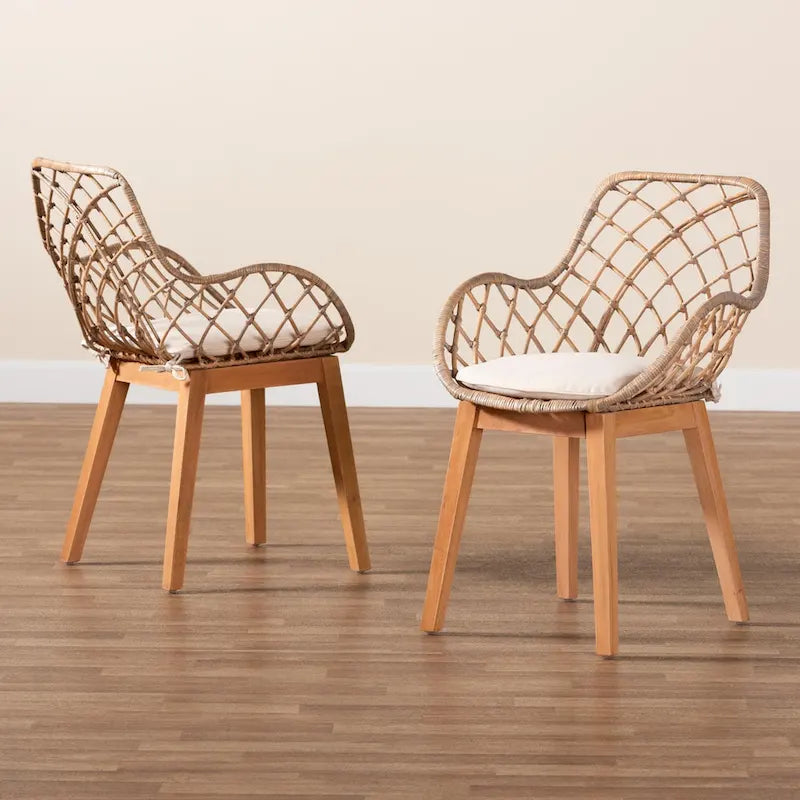Ballerina Modern Bohemian Greywashed Rattan and Natural Brown Finished Wood 2-Piece Dining Chair Set