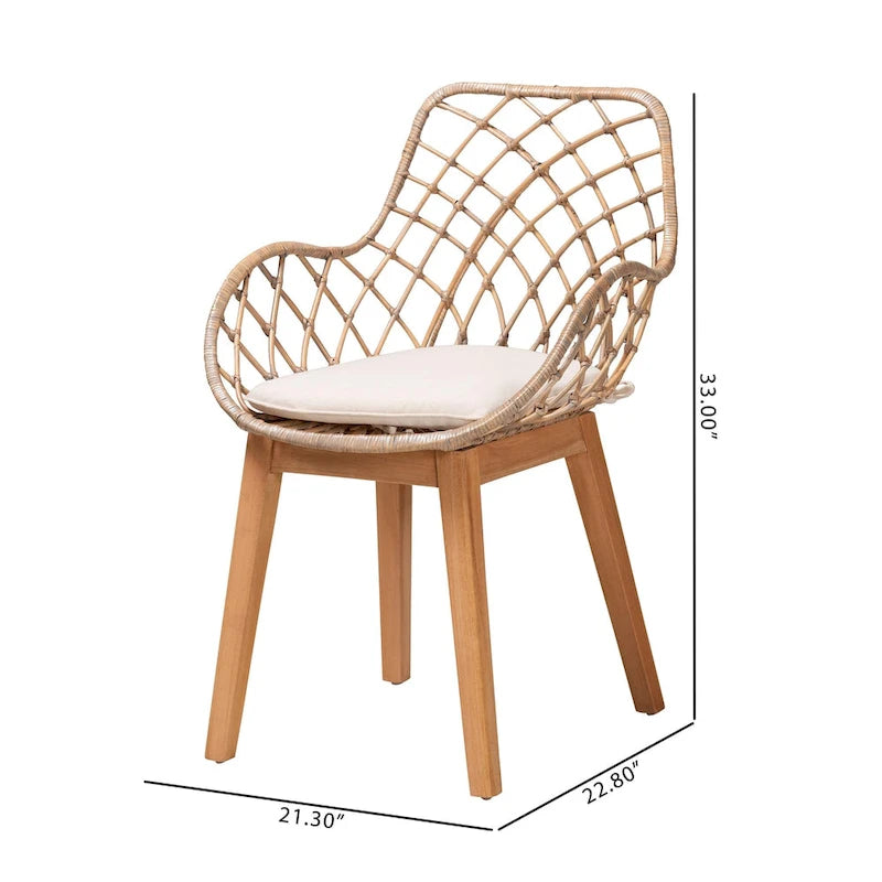 Ballerina Modern Bohemian Greywashed Rattan and Natural Brown Finished Wood 2-Piece Dining Chair Set