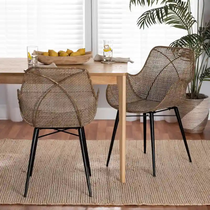 Ballerina Modern Bohemian Greywashed Rattan and Natural Brown Finished Wood 2-Piece Dining Chair Set