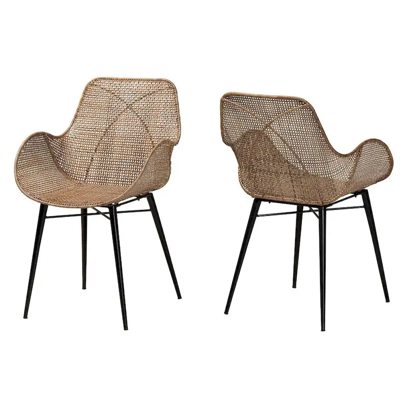 Ballerina Modern Bohemian Greywashed Rattan and Natural Brown Finished Wood 2-Piece Dining Chair Set