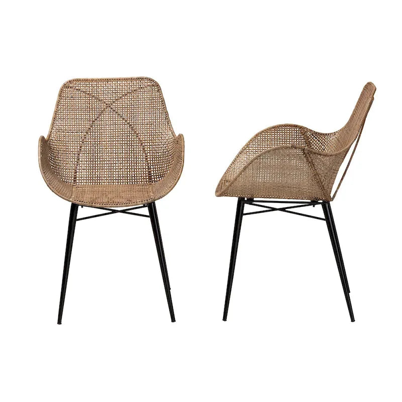 Ballerina Modern Bohemian Greywashed Rattan and Natural Brown Finished Wood 2-Piece Dining Chair Set