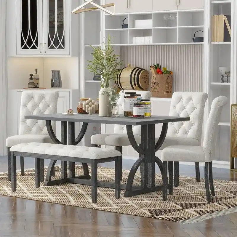 6-Piece Retro Rectangular Dining Table Set, Table with Unique Legs and 4 Upholstered Chairs & 1 Bench for Dining Room