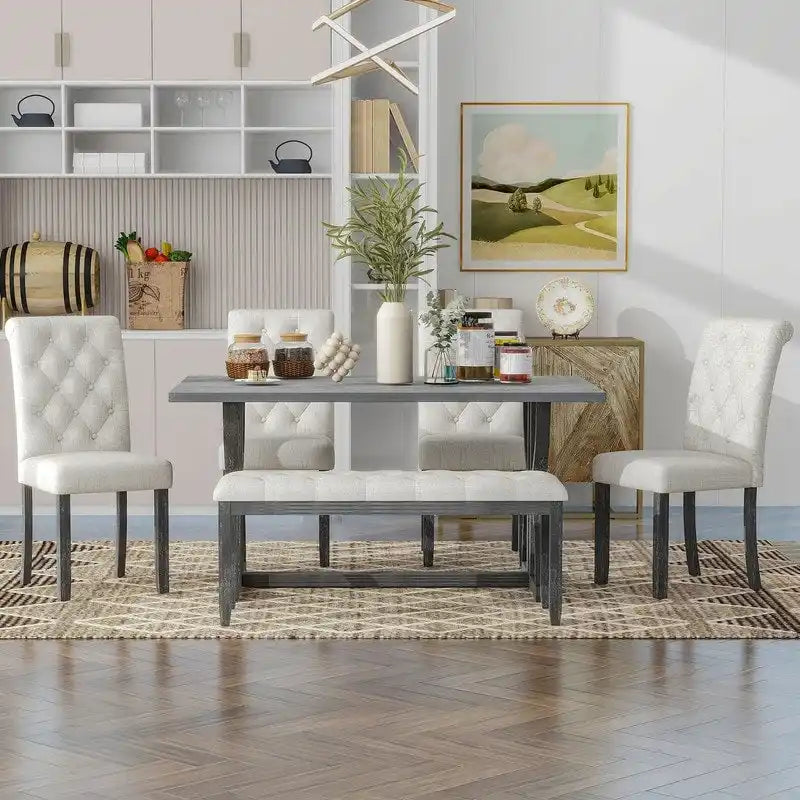 6-Piece Retro Rectangular Dining Table Set, Table with Unique Legs and 4 Upholstered Chairs & 1 Bench for Dining Room