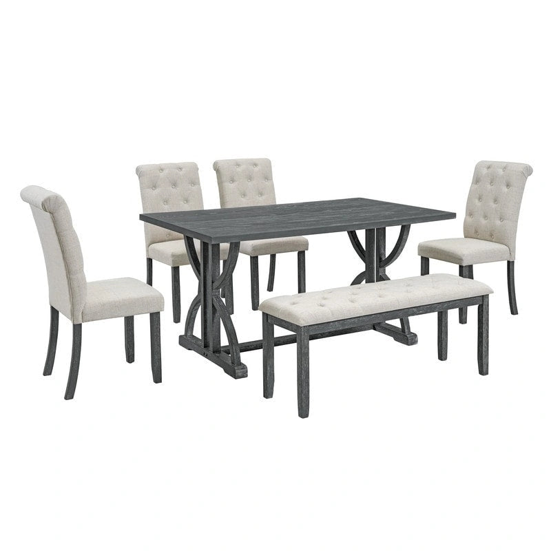 6-Piece Retro Rectangular Dining Table Set, Table with Unique Legs and 4 Upholstered Chairs & 1 Bench for Dining Room