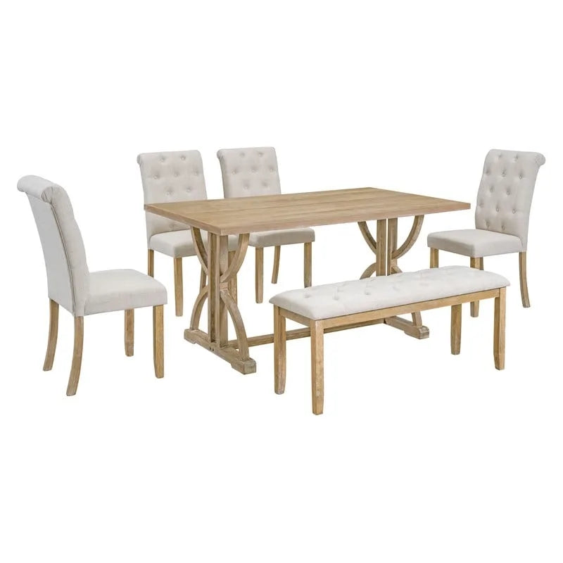 6-Piece Retro Rectangular Dining Table Set, Table with Unique Legs and 4 Upholstered Chairs & 1 Bench for Dining Room