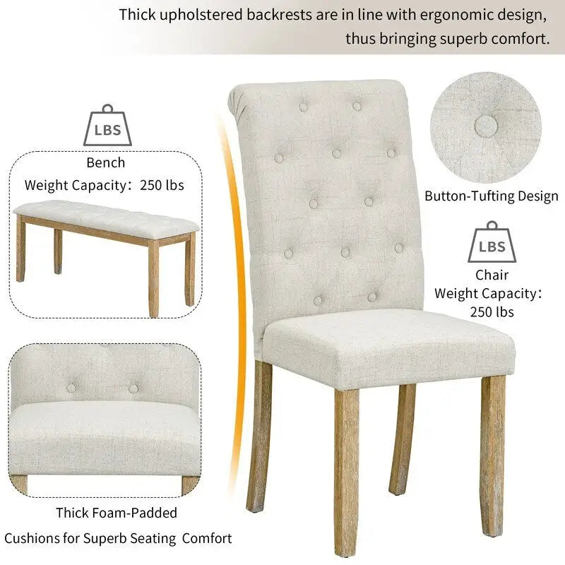 6-Piece Retro Rectangular Dining Table Set, Table with Unique Legs and 4 Upholstered Chairs & 1 Bench for Dining Room