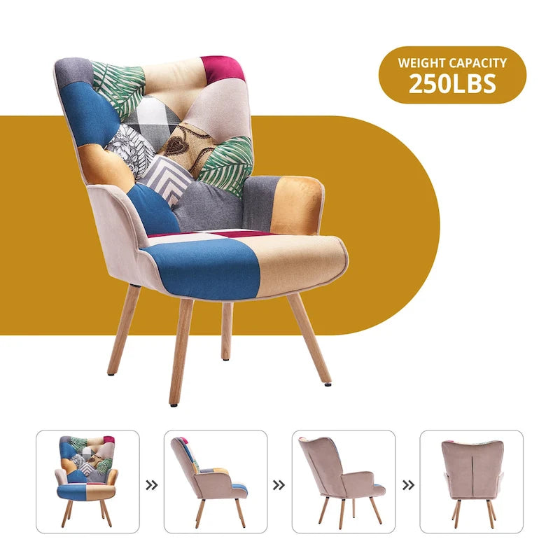 FERPIT Upholstered Wingback Accent Chair with Rubberwood Legs & Levelers