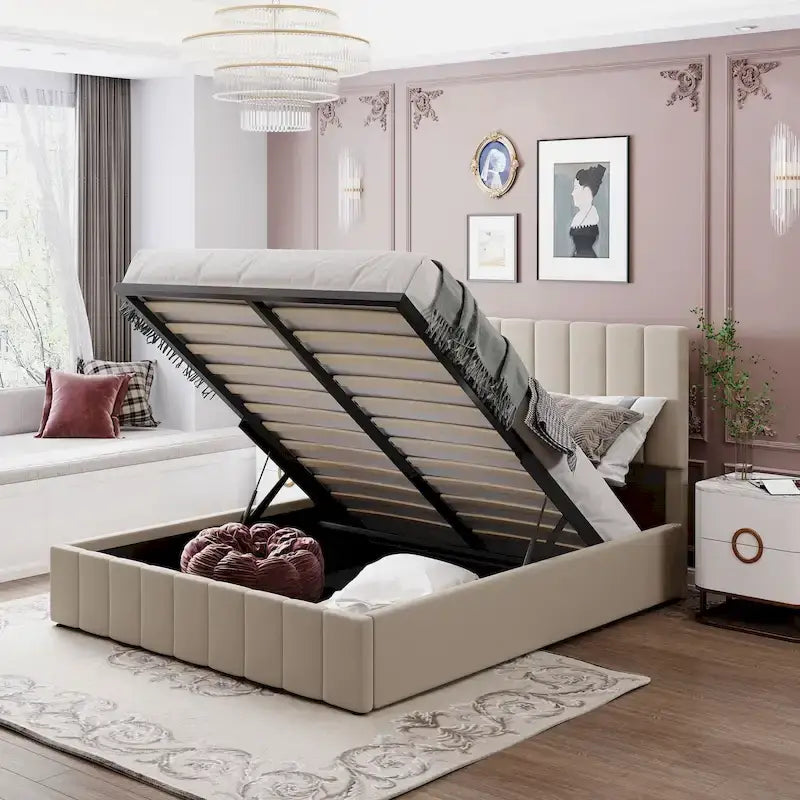 Upholstered Platform bed with a Hydraulic Storage System -