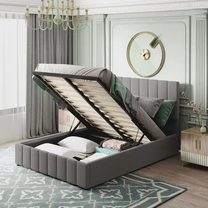 Upholstered Platform bed with a Hydraulic Storage System -