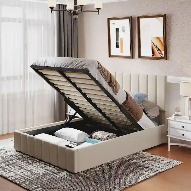 Upholstered Platform bed with a Hydraulic Storage System -