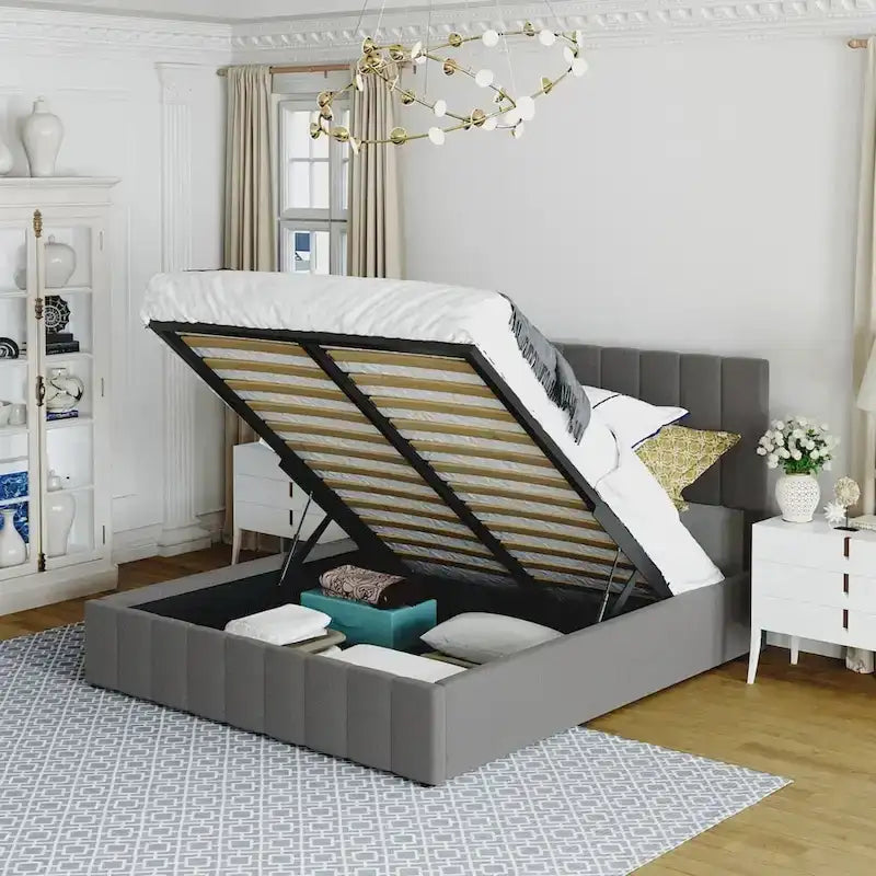 Upholstered Platform bed with a Hydraulic Storage System -