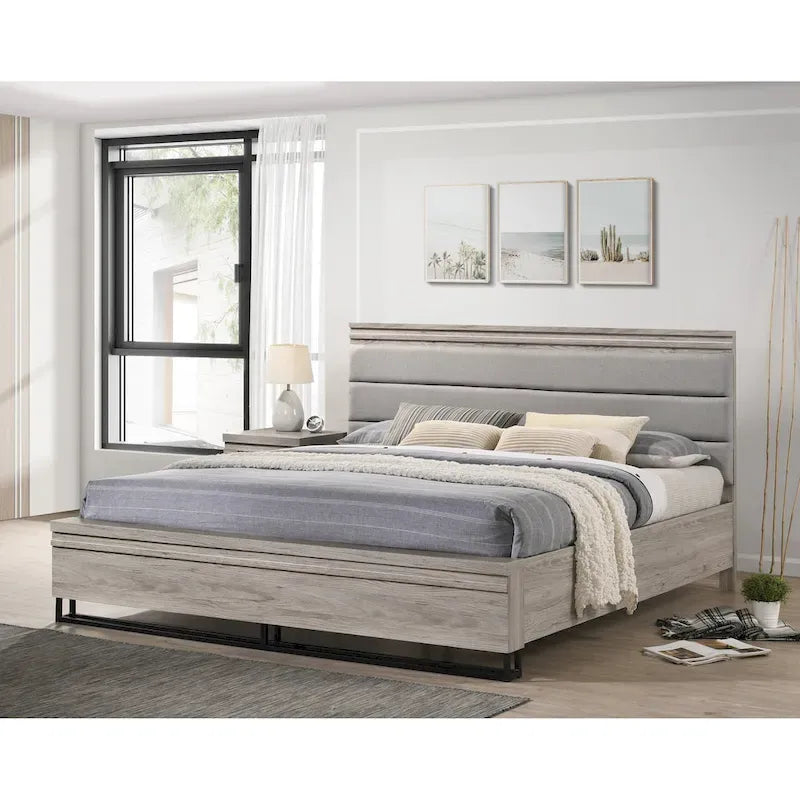Roundhill Furniture Alvear Upholstered Wood Wallbed Bed with White LED Lights, 2 Nightstands, Weathered Gray