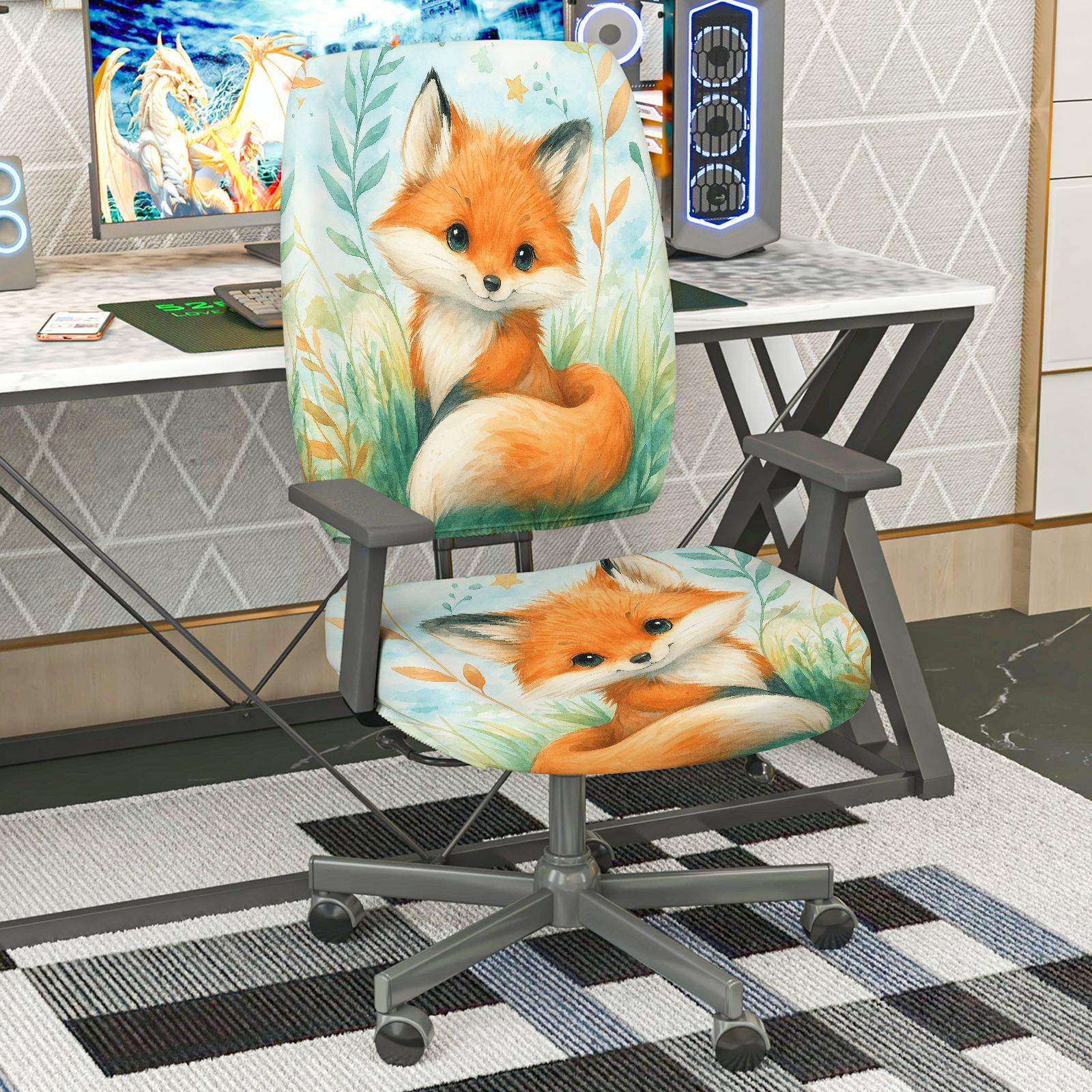 2-Piece Cute Animal Fox Forest Nature  Computer Chair Cover Set, Seat and Backrest