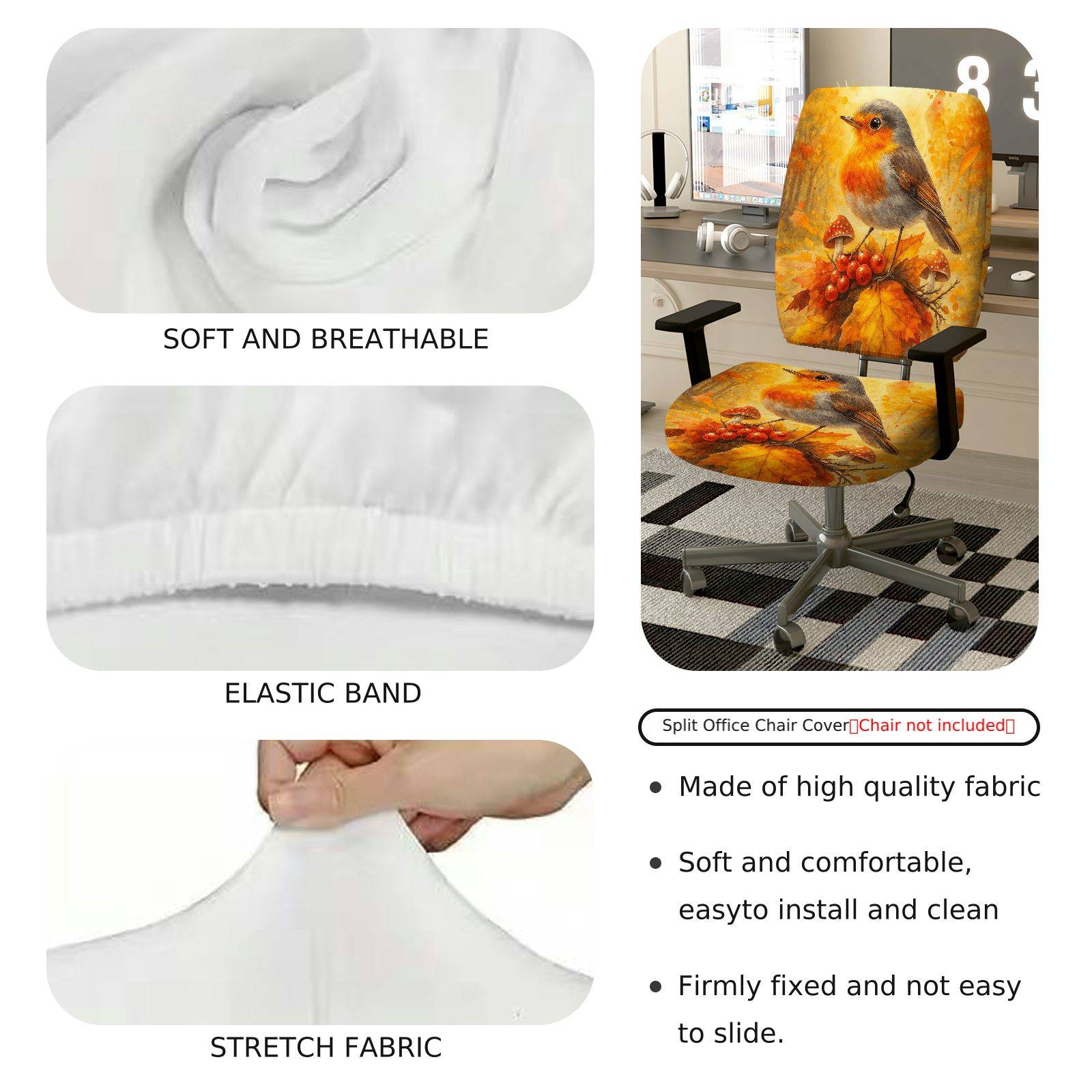 2-Piece Autumn Bird Mushroom Nature Artistic  Computer Chair Cover Set, Seat and Backrest