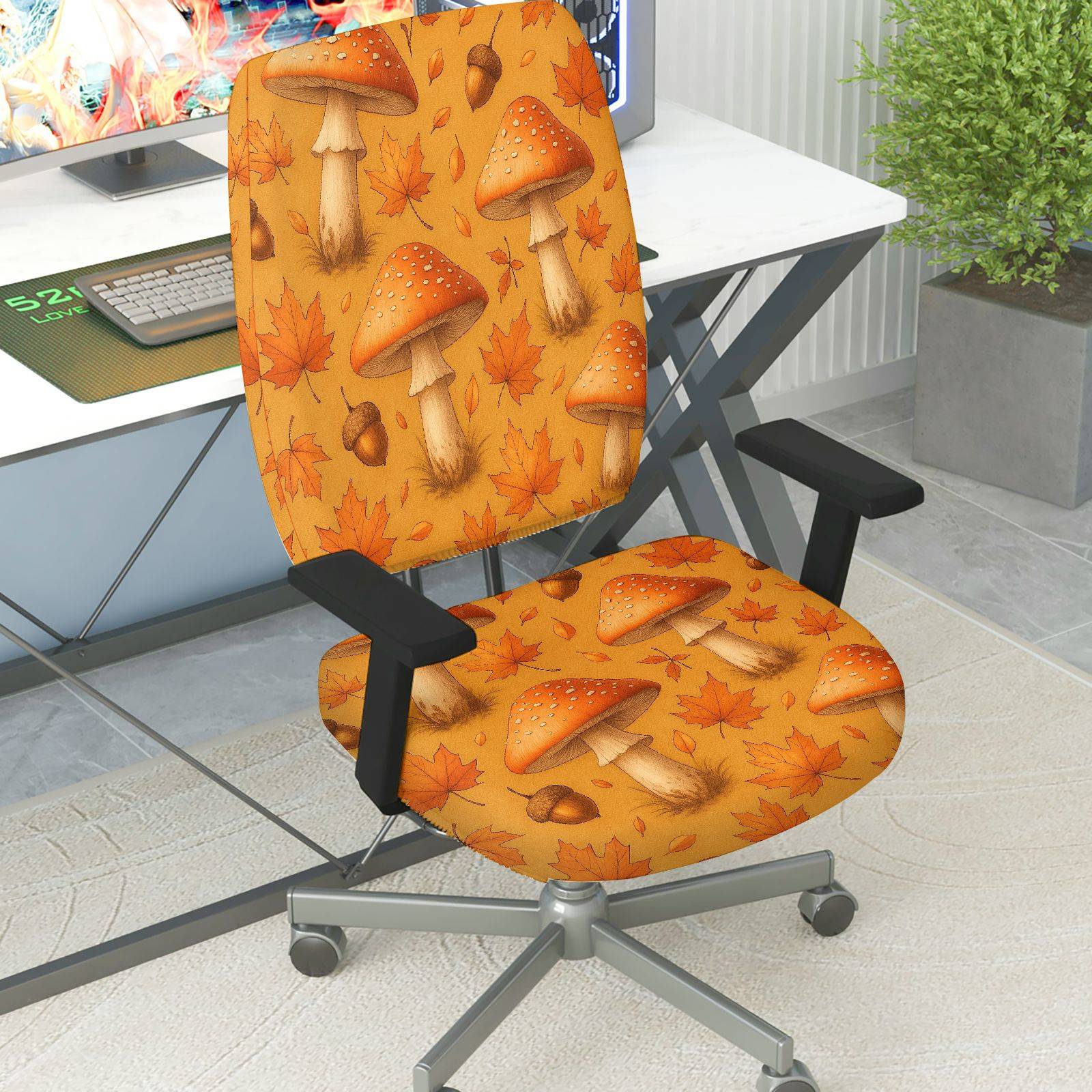 2-Piece Autumn Mushroom Acorn Maple Leaves Nature  Computer Chair Cover Set, Seat and Backrest
