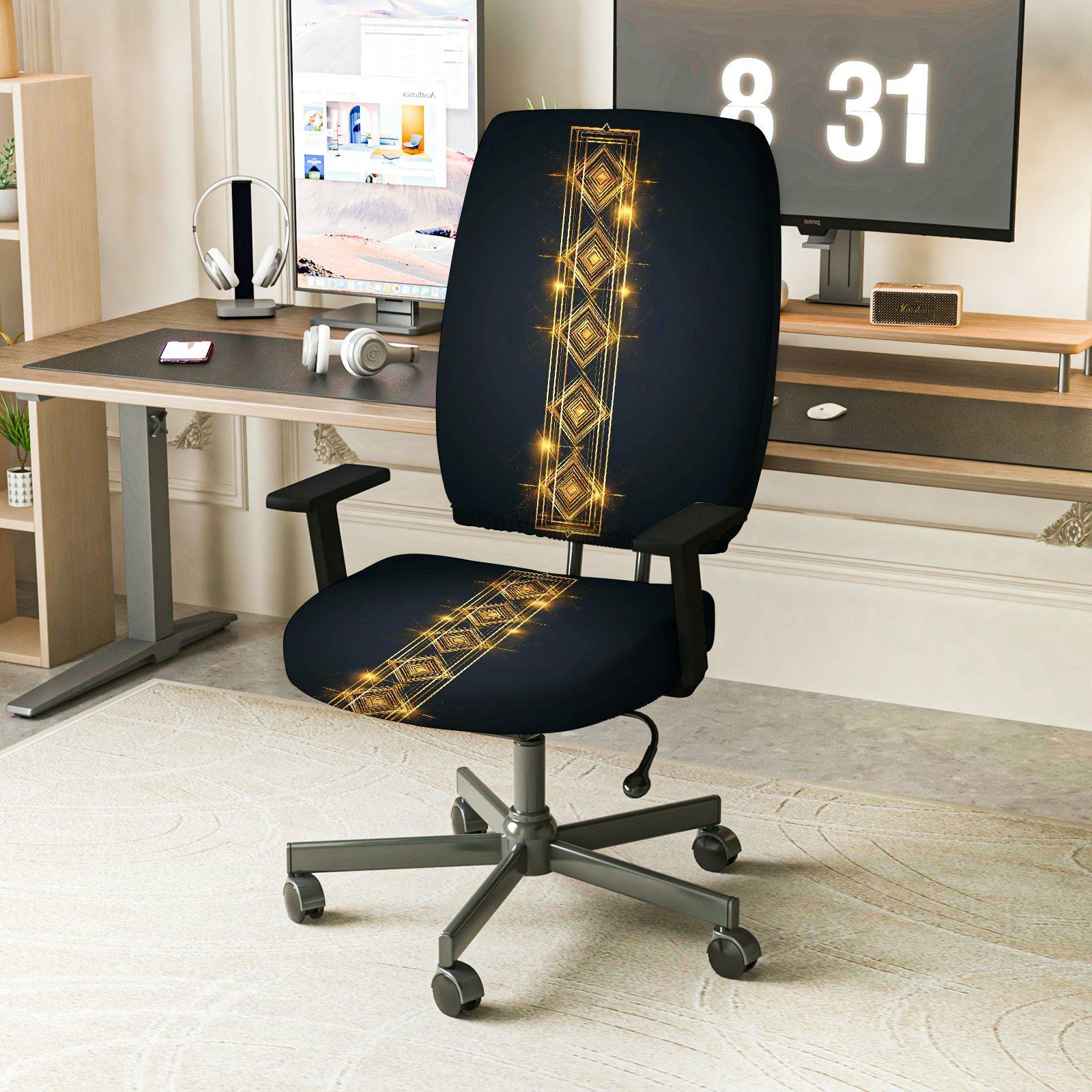 2-Piece Geometric Golden Glitter Pattern Modern Stylish Chic  Computer Chair Cover Set, Seat and Backrest